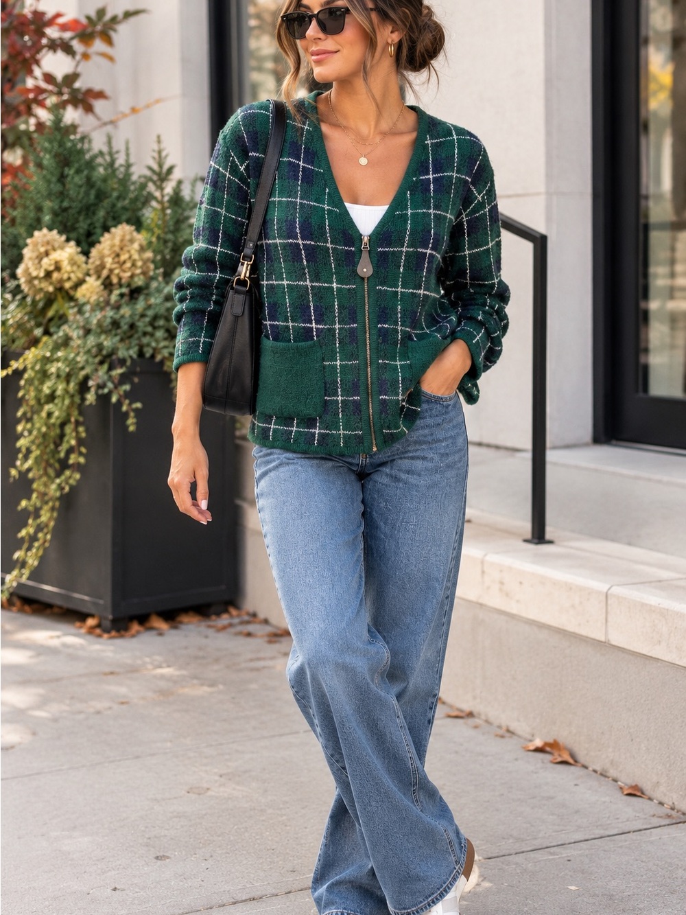 Vintage Christopher & Banks Green Plaid V-Neck Zip Cardigan Sweater Wool Sz L